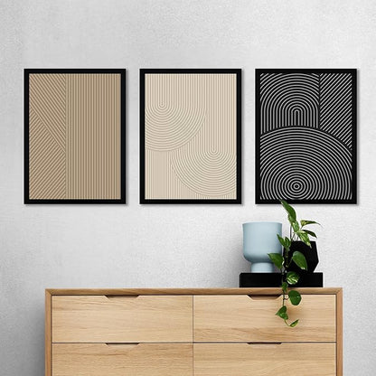 FWAHREN Framed Modern Abstract Minimalist Neutral Canvas Wall Art, Geometric Textured Line Mid Century Prints Artwork, Contemporary Japandi Wall Decor, Living Room Bedroom Office, Set of 3, 12x16in