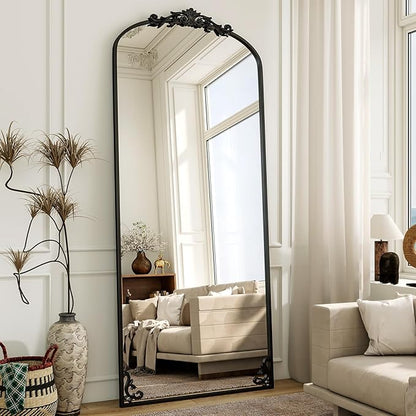 XRAMFY Arched Full Length Mirror, 71'' x 28'' Vintage Full Body Mirror with Carved for Home Decor, Standing Floor Mirror for Wall for Living Room, Bedroom, Cloakroom, Black, Retro Style