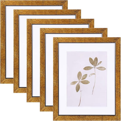 Fixwal 8x10 Picture Frame Set of 5, Rustic Vintage Distressed Antique Bronze Look, Tempered Glass, Fits 6x8 with Mat or 8x10 Without, Farmhouse Frames for Wall or Tabletop Display