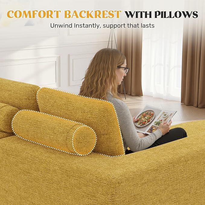 112" Modern Curved Cloud Couch, Chenille Boneless Couches for Living Room with Deep Seat, Memory Foam Compressed Modular Sectional Sofa, No Assembly Required,Yellow 1 PCS