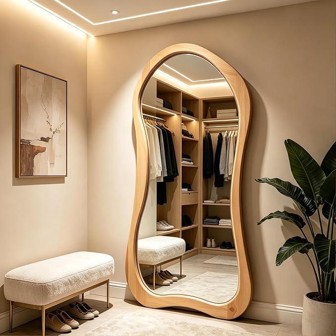 Irregular Full Length Mirror, 71"x33.5" Asymmetrical Full Body Mirrors with Solid Wood Frame, Premium Oversized Organic Floor Mirror for Living Room Entryway Cloakroom, Leaning/Hanging