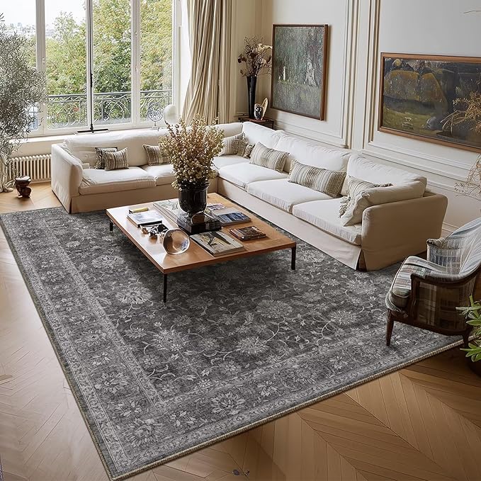 Washable 9x12 Area Rugs for Living Room, Boho Non-Slip Vintage Distress Lager Rugs for Bedroom Dining Room Nursery Office, 0.3" Neutral Oriental Throw Thin Carpet, Grey/Multi, E3