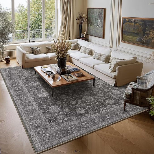 Washable 9x12 Area Rugs for Living Room, Boho Non-Slip Vintage Distress Lager Rugs for Bedroom Dining Room Nursery Office, 0.3" Neutral Oriental Throw Thin Carpet, Grey/Multi, E3