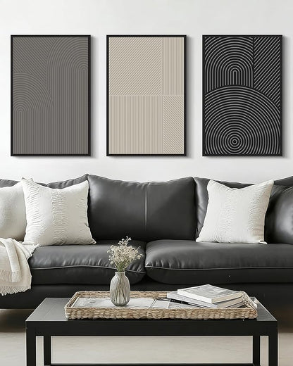Drsoum Mid-Century Modern Framed Wall Art Large 16x24in Minimalist Abstract Boho Neutral Line Wall Decor Geometric Artwork Kitchen Dining Room Black Framed
