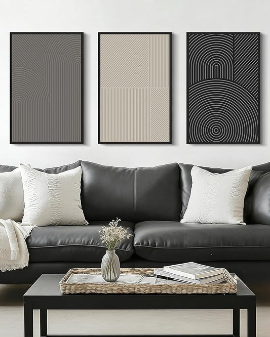 Drsoum Mid-Century Modern Framed Wall Art Large 16x24in Minimalist Abstract Boho Neutral Line Wall Decor Geometric Artwork Kitchen Dining Room Black Framed
