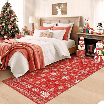 Christmas Area Rug 2x6 Runner Rugs: Washable Xmas Holiday Decor Hallway Rug Snowflake Low Pile Boho Rugs Long Indoor Floor Carpet for Kitchen Bedroom Dining Room(Xmas Red, 2'x6')