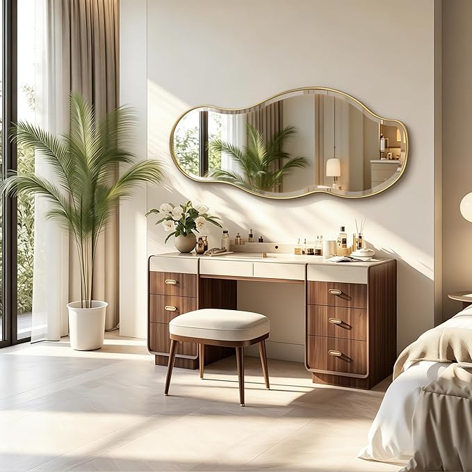 POZINO Irregular Beveled Mirror, 53"x24" Modern Asymmetrical Wall Mirror with Gold Metal Frame, Premium Organic Shaped Mirrors for Living Room Bedroom Hallway Entryway, Horizontal/Vertical Hanging