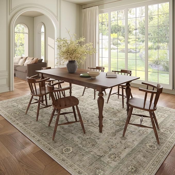 Washable 8x10 Area Rugs for Living Room, Boho Non-Slip Vintage Distress Large Rugs for Bedroom Dining Room Nursery Office, 0.3" Neutral Oriental Throw Thin Carpet, Flaxen/Multi, B2