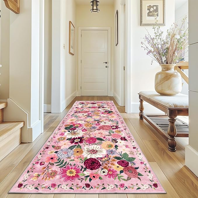 Rug for Hallways Kitchen Rug 3x7, Non Slip Washable Runner Rug with Rubber Backing Soft Floral Carpet for Hallways, Kitchen, Laundry, Bedroom, Bathroom, Pink Garden