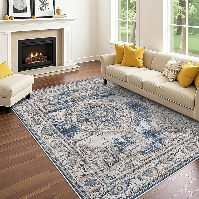 Washable Living Room Area Rug: 7x9 Bedroom Rugs - Farmhouse Distressed Printed Floral Carpet - Foldable Non-Shedding Floor Carpet for Dining Room 7'x9' Blue