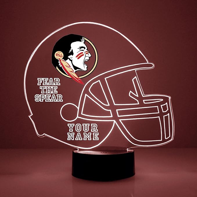Custom Florida State University (FSU) Seminoles Football Helmet LED Sign Night Light Lamp with Remote, Personalized Text, Officially Licensed from The CLC by Mirror Magic Gifts, Made in The USA
