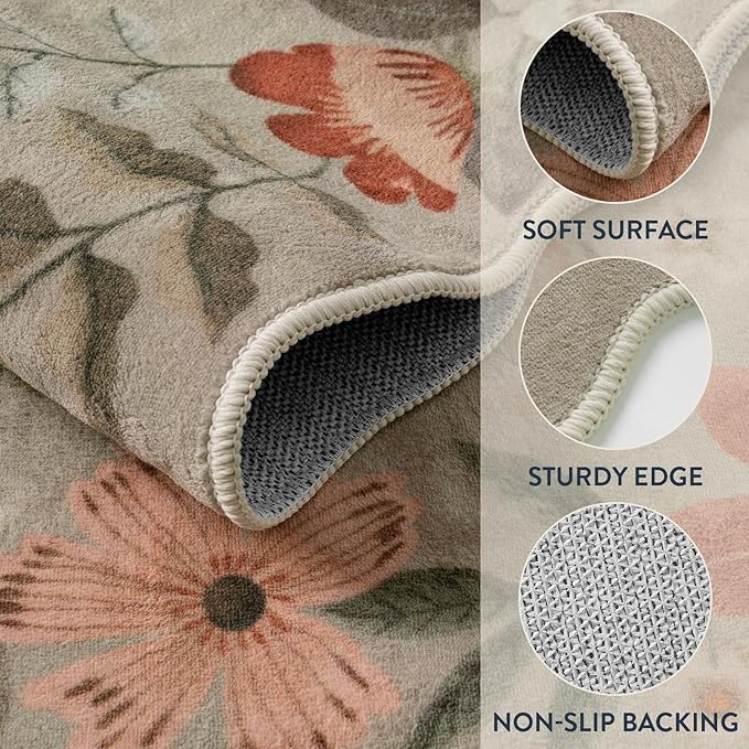 Lahome Floral Runners for Hallways, 2'6''x8' Kitchen Runner Rug Non Slip, Soft Washable Runner with Rubber Backing Carpet for Laundry Bedroom Bathroom Flore (Brown)