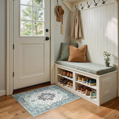 RELEANY Area Rugs 2'x3' Kitchen Rugs Entry Rug Small Rugs for Entryway Kitchen Bathroom Door Mat Indoor Entrance,Washable Non Slip, Green Navy Blue White Red Teal Colorful