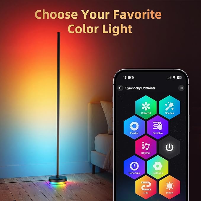 LED Floor Lamp, RGBICWW Corner Floor Lamp with Glowing Base and Music Sync, Modern Standing Lamp 160 Million Colors, Color Changing Lamp for Bedroom Living Room Home Office