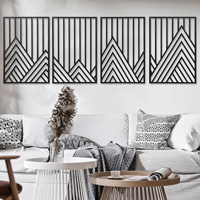 AMAATE Black Metal Wall Art, 4 Pieces Minimalist Geometric Mountain Line Art Sculpture, Hollowed Out Abstract Modern Metal Hanging Decor for Living Room Bedroom Office 14.6" X 22.5" in