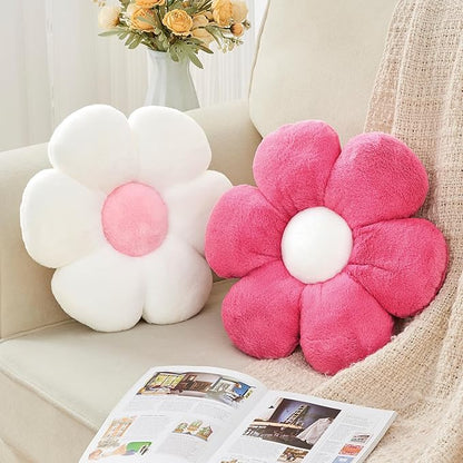 2 Pcs Flower Throw Pillow,15.7'' Daisy Flower Shaped Pillows Set with Faux Rabbit Fur,Soft Flower Plush Throw Pillow Cushions for Bed Sofa Couch Home Decor(White+Rose Pink)
