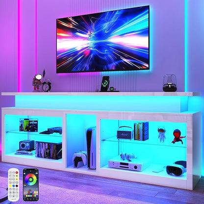 71" LED TV Stand with Power Outlet,60-Colors LED Lights For 65 70 80 in TV,High Gloss Gaming Entertainment Center w/Adjustable Shelves,White TV Console with Modern Design for Living Room Bedroom