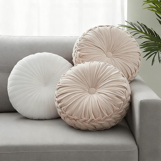 Beeveer 3 Pcs Round Throw Velvet Pillows Classy Accent Pumpkin Throw Pillows 15 Inch Decorative Cushion for Couch Chair Bed Car, 2 Styles (White)