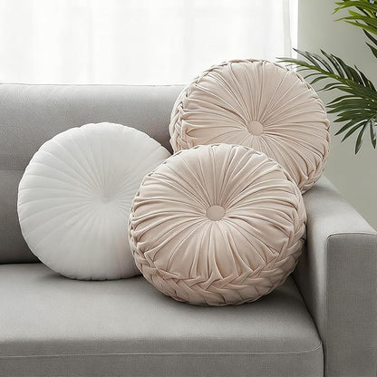 Beeveer 3 Pcs Round Throw Velvet Pillows Classy Accent Pumpkin Throw Pillows 15 Inch Decorative Cushion for Couch Chair Bed Car, 2 Styles (White)