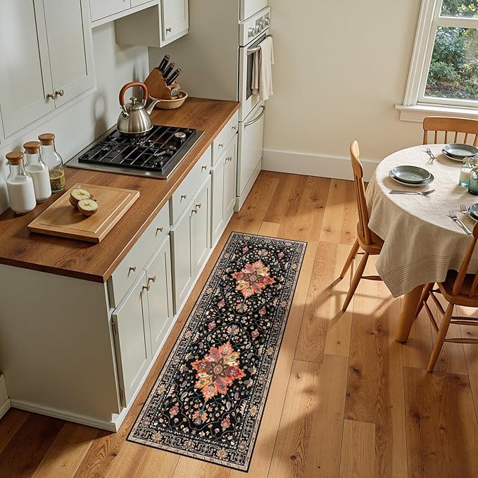 RELEANY Area Rugs 2'x5' Runner Rug Non Slip Washable for Kitchen Hallway Bedroom Beside Laundry Room Bathroom Rug, Floor Carpet, Black Colorful Floral Dark Tan