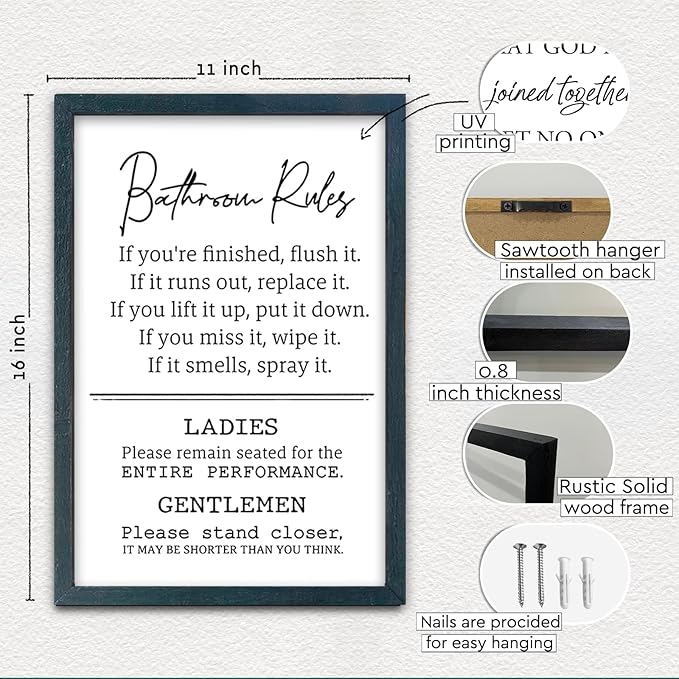 Bathroom Rules Wall Decor 16"×11" Restroom Toile Sign Humor Quotes for Bathroom Humorous Modren Restroom Wood Framed Wall Hanging Art (Black)