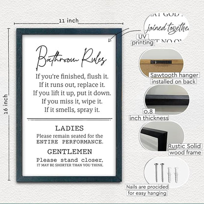 Bathroom Rules Wall Decor 16"×11" Restroom Toile Sign Humor Quotes for Bathroom Humorous Modren Restroom Wood Framed Wall Hanging Art (Black)
