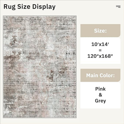 Soalmost 10x14 Area Rugs for Living Room, Non Slip Machine Washable Vintage Rugs, Low Pile Lightweight Large Rug for Bedroom, Dining Room, Home Office Pink/Grey