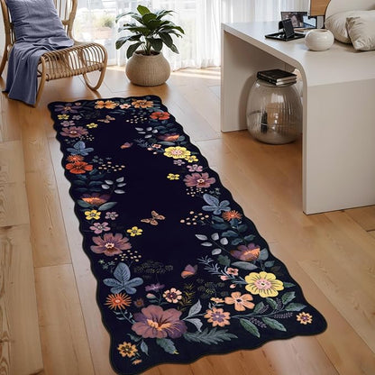 Lahome Floral Kitchen Runner, 2X6 Washable Runner Rug Non-Slip, Ultra-Thin Soft Hallway Rug Stain Resistant Boho Low-Pile Carpet for ‎Laundry Bathroom Bedroom Flore (2x6ft,Purple)