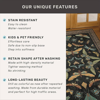 Small Black Entryway Runner Rug - 2x4 Front Door Rug Indoor Entrance, Small Waterproof Carpet for Kitchen Floor, Bathroom, Powder Room, Washable Low Pile Non Slip, Insect Print Multi Color Home Décor