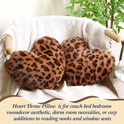 2 Pack Leopard Heart Shaped Pillow Small Cheetah Print Love Pillows 13 x 10 Inch Faux Rabbit Fur Pillows Leopard Throw Heart Pillow for Wedding, Anniversary, Vintage Room Decorative