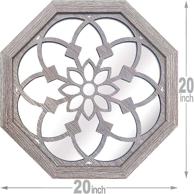 ZOLAPI 2 PCS 20 inch Octagon Wall-Mounted Mirrors,Vintage Farmhouse Mirror for Wall Decor,Barn Wood Color Decorative Accent Mirror for Foyer, Bathroom, Bedroom. (20”x20”)