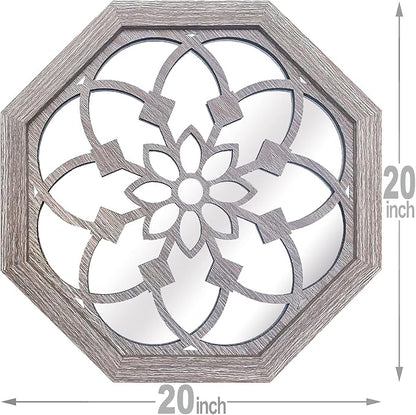 ZOLAPI 2 PCS 20 inch Octagon Wall-Mounted Mirrors,Vintage Farmhouse Mirror for Wall Decor,Barn Wood Color Decorative Accent Mirror for Foyer, Bathroom, Bedroom. (20”x20”)