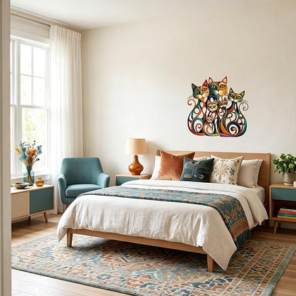 Wesiti Cat Wall Art Decor Iron Wall Sculptures Decor for Cats Lover 10.6 x 15.7 Inches Colorful Retro Mid Century Cat Signs for Home Living Room Bedroom Kitchen Office (Charming)