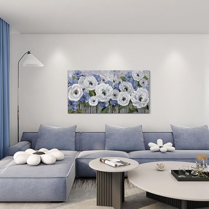 Mofutinpo Floral Wall Art for Living Room-Large Blue and White Flower Paintings, Textured Nature Artwork Pictures on Canvas, Landscape and Flower Wall Art for Bedroom Decor