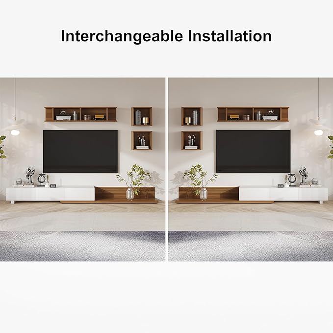 homary Wood Extendable TV Stand Rectangle Entertainment Center with Shelves & Drawers White & Walnut Media Console for Living Room Bedroom