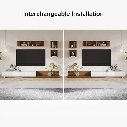 homary Wood Extendable TV Stand Rectangle Entertainment Center with Shelves & Drawers White & Walnut Media Console for Living Room Bedroom