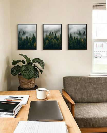 Drsoum Fog Pine Tree Landscape Wall Art Framed Nature Misty Nordic Forests Prints Morden Farmhouse Rustic Artwork Hallway Bathroom Ready to Hang 11x14in Black Framed