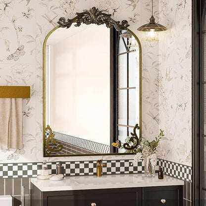 Koonmi Vintage Mirror, 26x38 Wall Mounted Vanity Mirror, Tempered Glass, Detachable Flower Head, Bronze Antique Decorative Mirror for Bathroom Entryway Fireplace Living Room Hallway