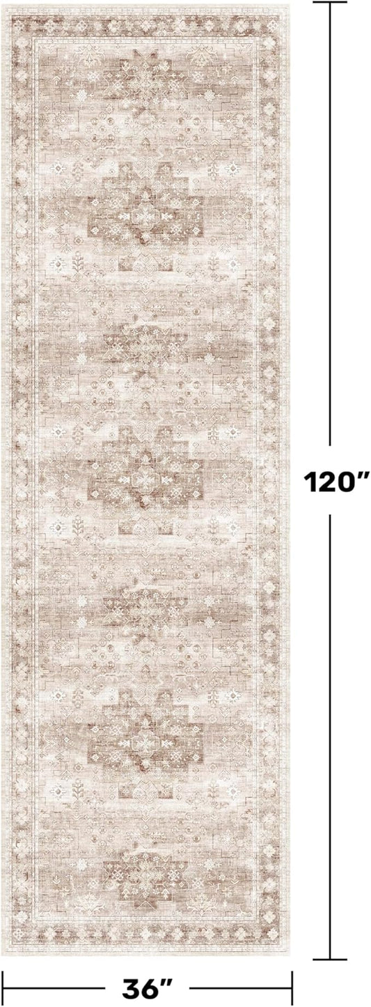 Hazo Haus Boho Washable 3x10 Hallway Runner Rug, Beige Waterproof Large Kitchen Floor Rug Indoor, Non-Slip Stain & Fade Resistant, Vintage Floral Décor (3x10 Beige/Latte)