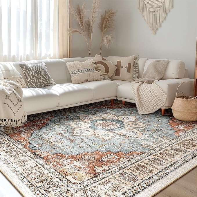 BESTSWEETIE 8x10 Area Rug Washable Rugs for Living Room, No Pile Boho Carpet for Entryway Bedroom Dinning Room, Vintage Carpet Print Distressed Non-Slip, 8 x 10 ft, Green Brick Rust Red