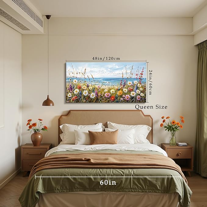 SERIMINO Large Wall Art, Beach Wall Art, Floral Wall Decor, Seaside Landscape Painting Decoration, Colorful Wildflowers Canvas Prints, Nature Pictures for Living Room Hallway Rustic Farmhouse 24"x48"