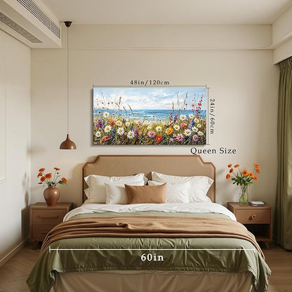 SERIMINO Large Wall Art, Beach Wall Art, Floral Wall Decor, Seaside Landscape Painting Decoration, Colorful Wildflowers Canvas Prints, Nature Pictures for Living Room Hallway Rustic Farmhouse 24"x48"