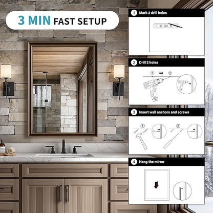 Retro Copper Effect Framed Wall Mirror, 30x48 Rectangle Mirror, Anti-desilvering Tempered Glass, Sustainable& Sturdy Frame, Farmhouse Mirror, Anti-Rust, 3min Fast Setup for Bathroom Living Room