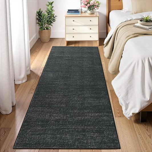 Washable Runner Rug 2x6 Modern Solid Color Kitchen Runner Mat Minimalist Plain Long Runner Rug for Entryway Bedroom Bedside Non Slip Low Pile Boho Accent Solid Runner Rugs for Nursery, Black 2'x6'