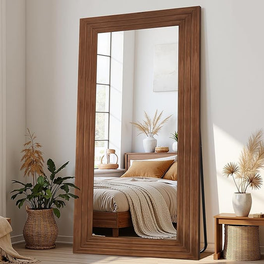 Antok Full Length Mirror with Solid Wood Frame, 76"×34" Wall Mounted Oversized Floor Mirror with Stand, Leaning Standing Hanging for Bedroom Living Room Entryway, Brown, Rect Style