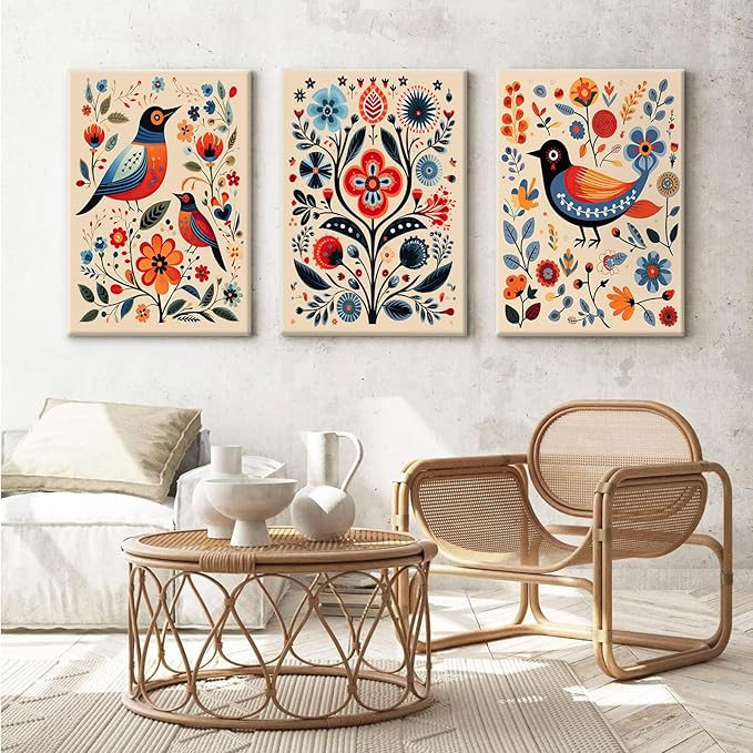 Scandinavian Folk Wall Art Nodic Flower Canvas Wall Decor Norwegian Wall Art Poster Swedish Antique Wall Decor Pictures Floral Bird Prints Vintage Poster for Home Kitchen 16x24x3 Inch Ready to Hang
