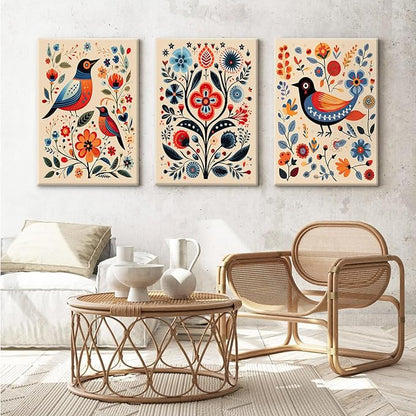 Scandinavian Folk Wall Art Nodic Flower Canvas Wall Decor Norwegian Wall Art Poster Swedish Antique Wall Decor Pictures Floral Bird Prints Vintage Poster for Home Kitchen 16x24x3 Inch Ready to Hang