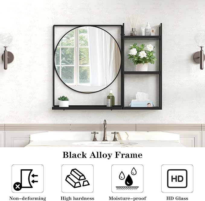 Black Metal Framed Bathroom Mirror with Shelf, 31" X 24.4" Rectangular Wall Mounted Bathroom Vanity Mirror, Modern Bathroom Mirror with Storage for Over Sink, Entryway