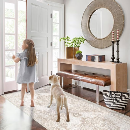 Area Rug 2x6 Runner Rug: Washable Vintage Hallway Rugs Indoor Medallion Rug Low Pile Distressed Floor Carpet Retro Accent Rugs for Kitchen Bedroom Bathroom Dining Room(Beige, 2'x6')