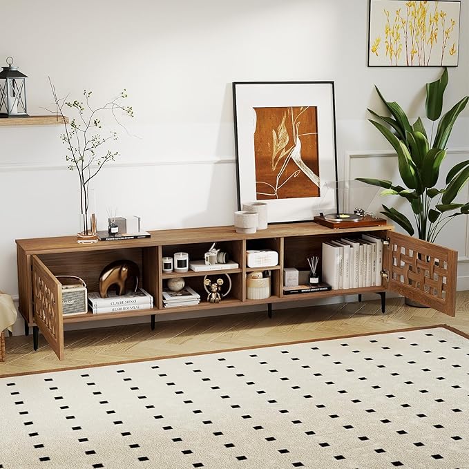 Giantex Mid Century Modern TV Stand for 60-80 Inch TV, Large Entertainment Center w/Storage Cabinet, Basket Weave Wooden Door & Open Compartment, Wood Media Console Table for Living Room Bedroom
